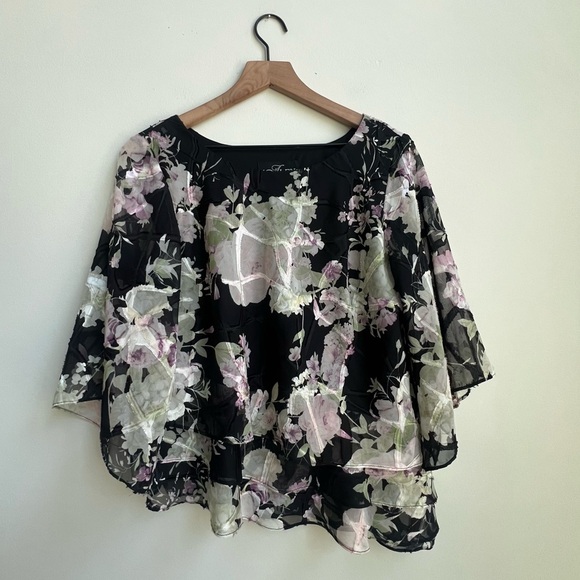 Alex Evening 3/4 sleeve scoop asymmetrical hem floral chiffon blouse Triple Tier - Picture 2 of 13